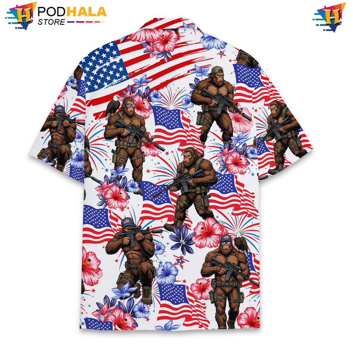 White Patriotic Bigfoot Short-sleeve button-up shirt Mens Fourth Of July Summer Beachwear White Patriotic Bigfoot Short-sleeve button-up shirt Mens Fourth Of July Summer Beachwear