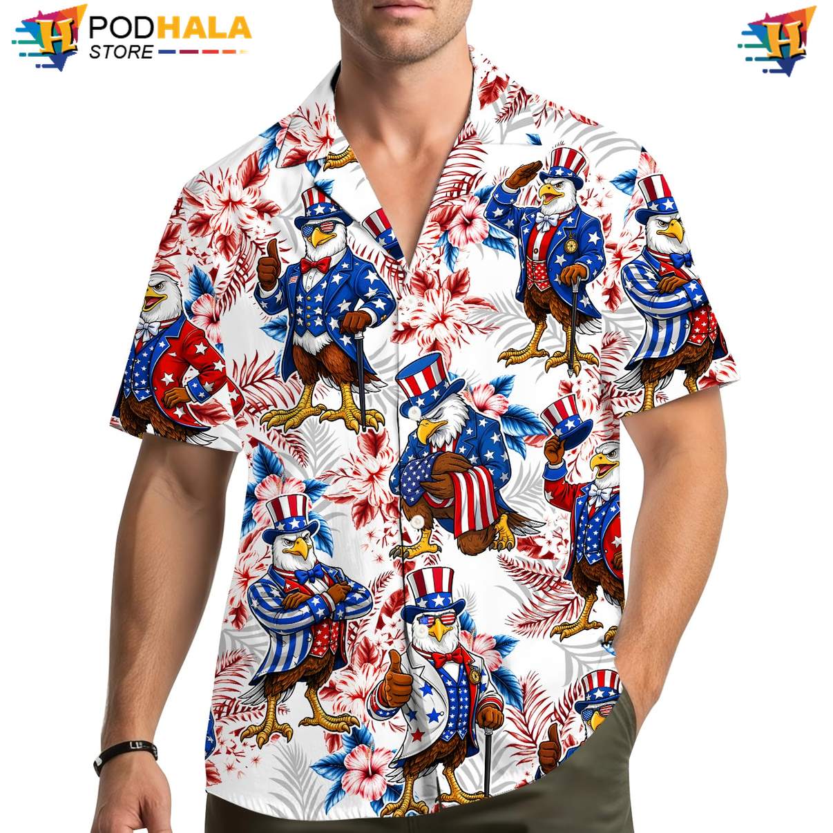 White Patriotic Eagle Hawaiian Shirt Mens USA Flag Fourth Of July Outfit
