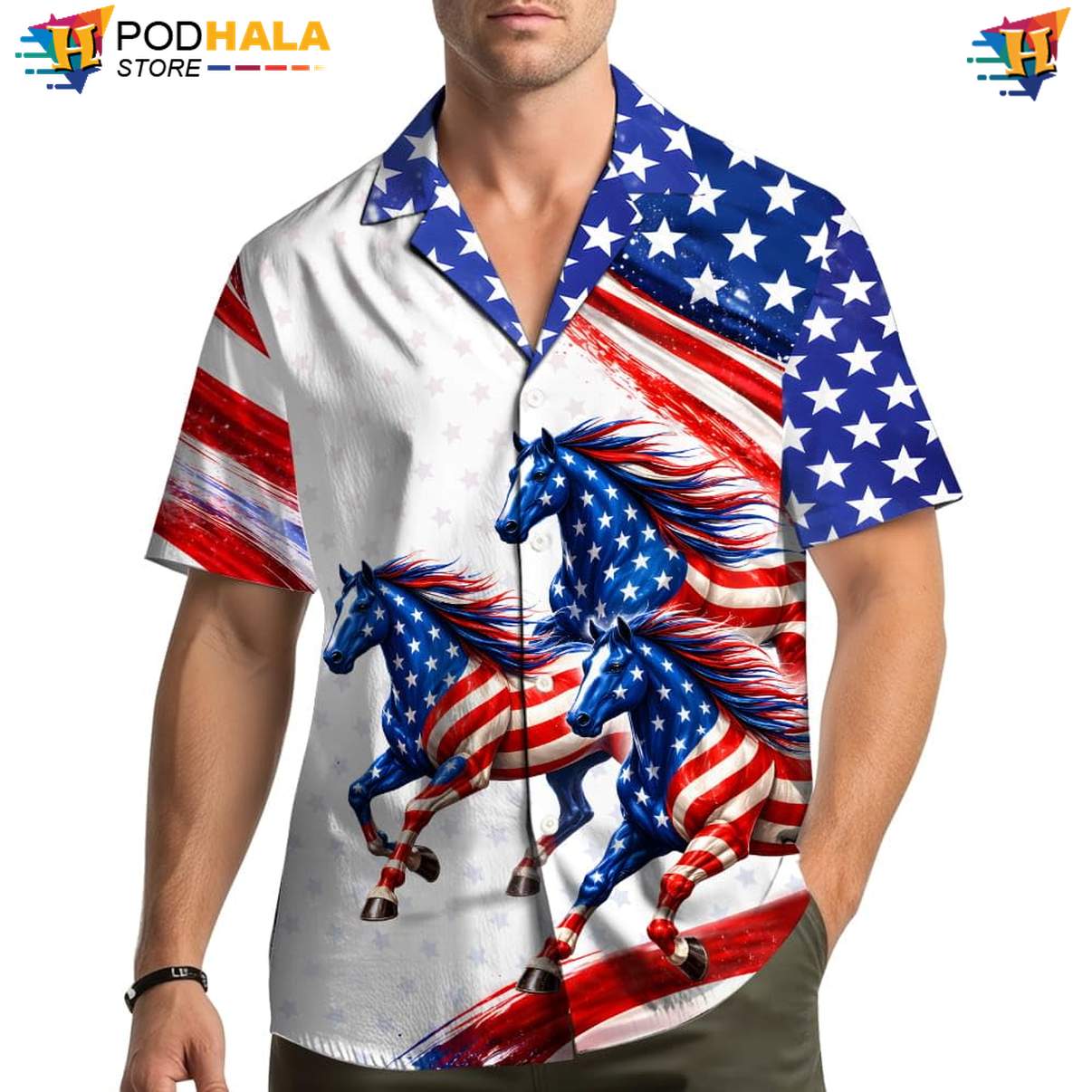 White Patriotic Horse Hawaiian Shirt Mens USA Flag Fourth Of July Apparel
