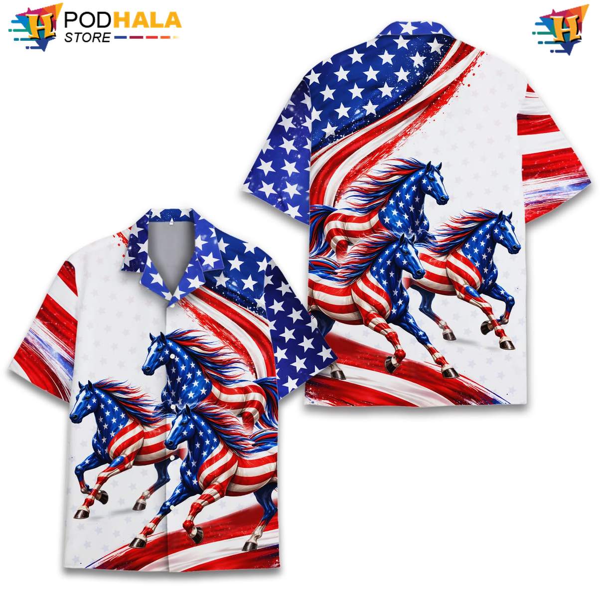 White Patriotic Horse Aloha Shirt Mens USA Flag Fourth Of July Apparel White Patriotic Horse Aloha Shirt Mens USA Flag Fourth Of July Apparel