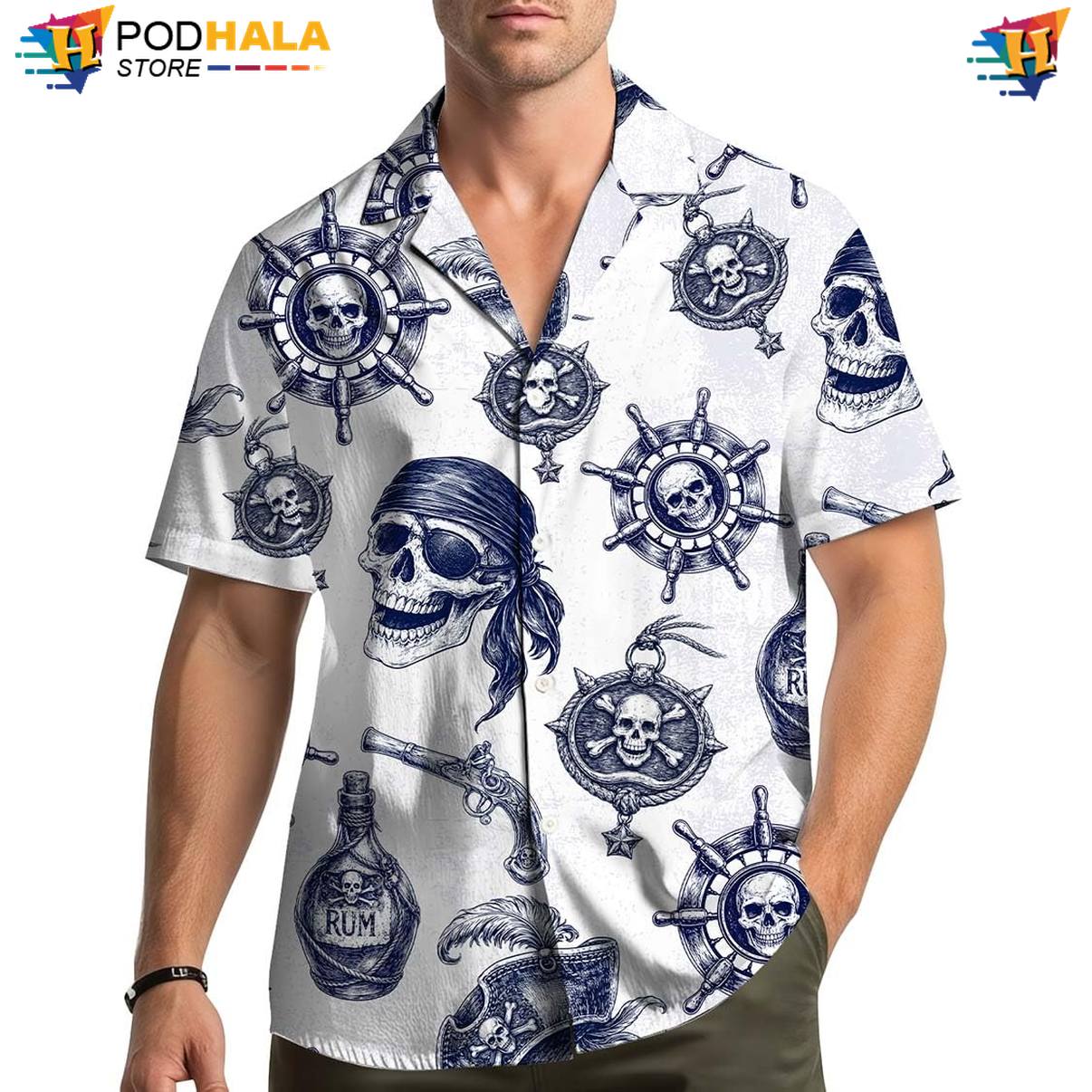 White Pirates Aloha Shirt Mens Short Sleeve Button Down Casual Beachwear