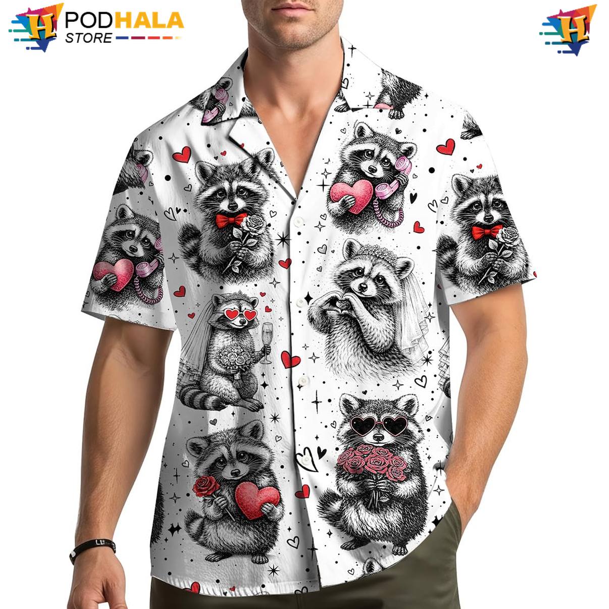 White Raccoon Aloha Shirt Mens Short Sleeve Button Down Casual Beachwear