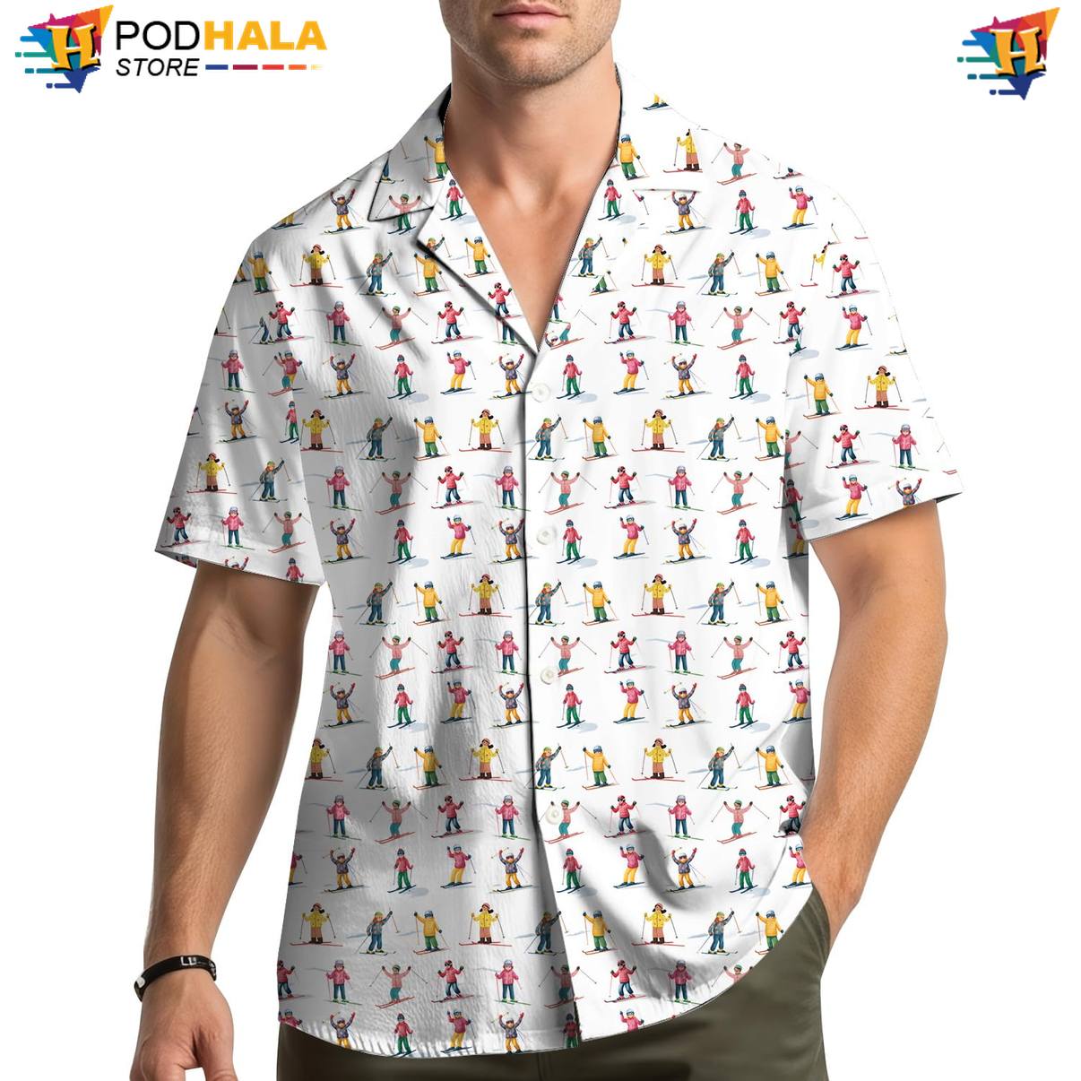 White Ski Hawaiian Shirt Mens Short Sleeve Button Down Summer Beachwear