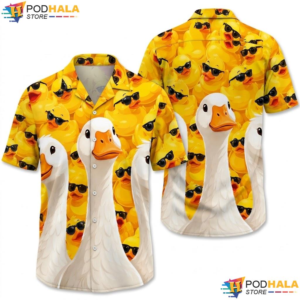 White Sunglasses Goose Hawaiian Shirt Playful Tropical Summer Apparel