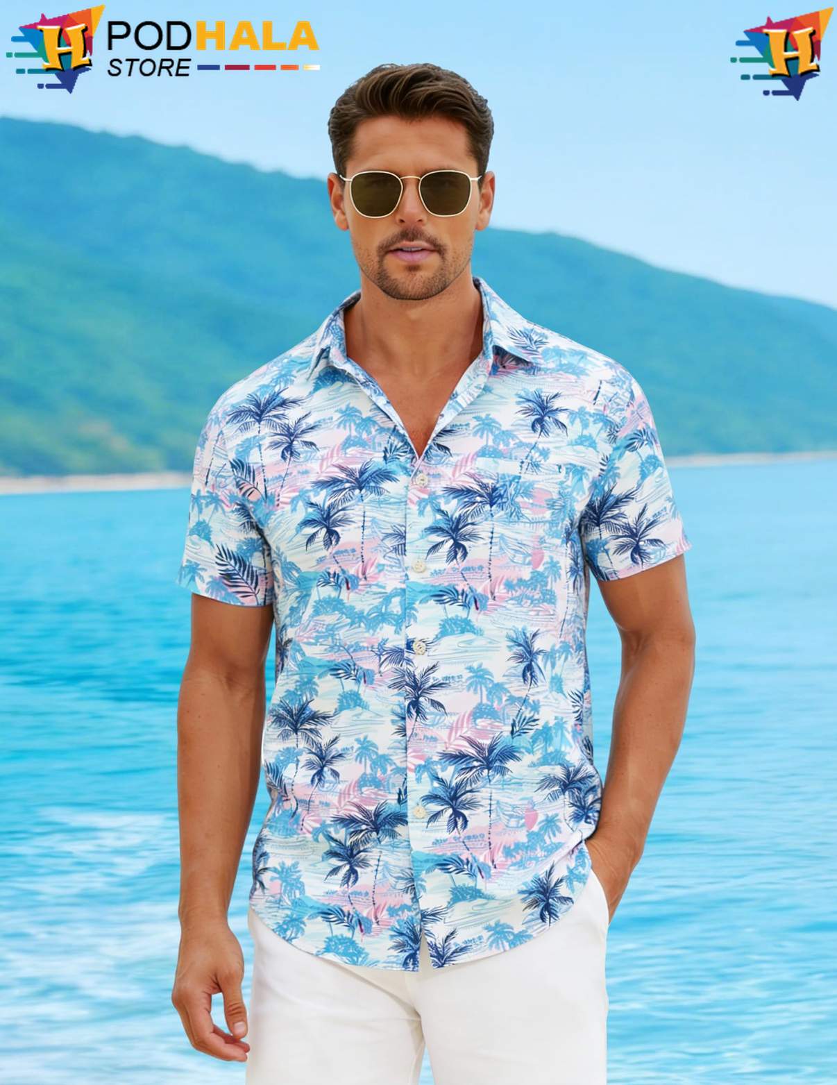 White Two Aloha Shirt Palm Tree Mens Short Sleeve Casual Beach Apparel