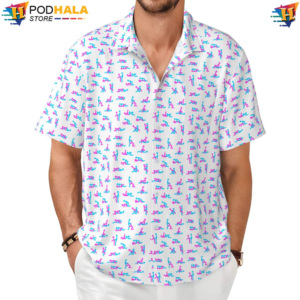 White Two Hawaiian Shirt Love Pose Funny Mens Short Sleeve Beach Apparel