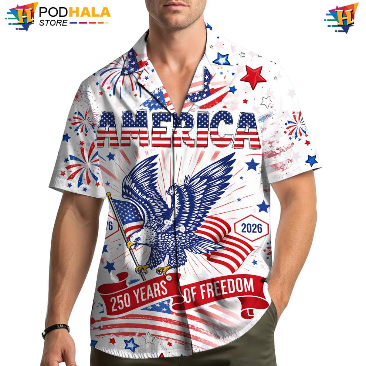 White USA 250th Anniversary Hawaiian Shirt Mens Patriotic Fourth Of July