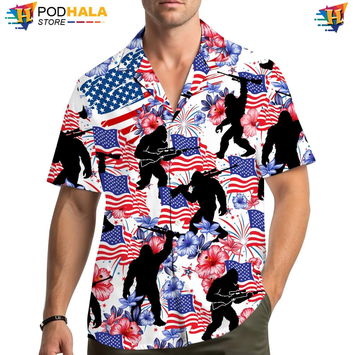 White USA Flag Bigfoot Hawaiian Shirt Mens Patriotic Fourth Of July Top