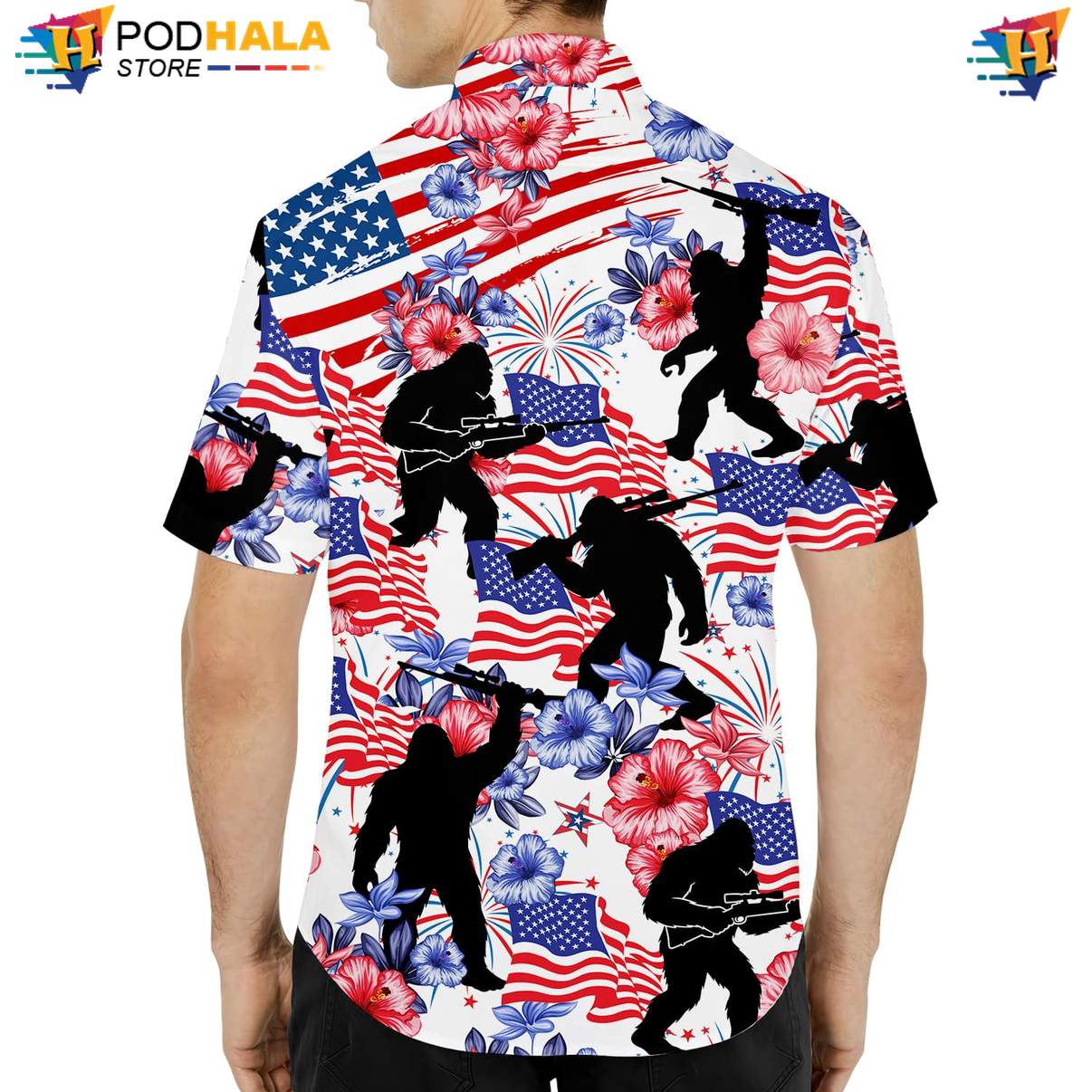 White USA Flag Bigfoot Aloha Shirt Mens Patriotic Fourth Of July Top White USA Flag Bigfoot Aloha Shirt Mens Patriotic Fourth Of July Top