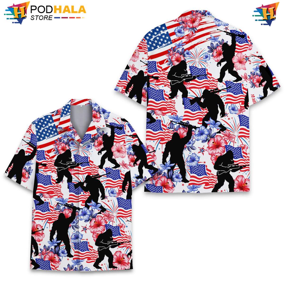 White USA Flag Bigfoot Tropical Shirt Mens Patriotic Fourth Of July Top White USA Flag Bigfoot Tropical Shirt Mens Patriotic Fourth Of July Top