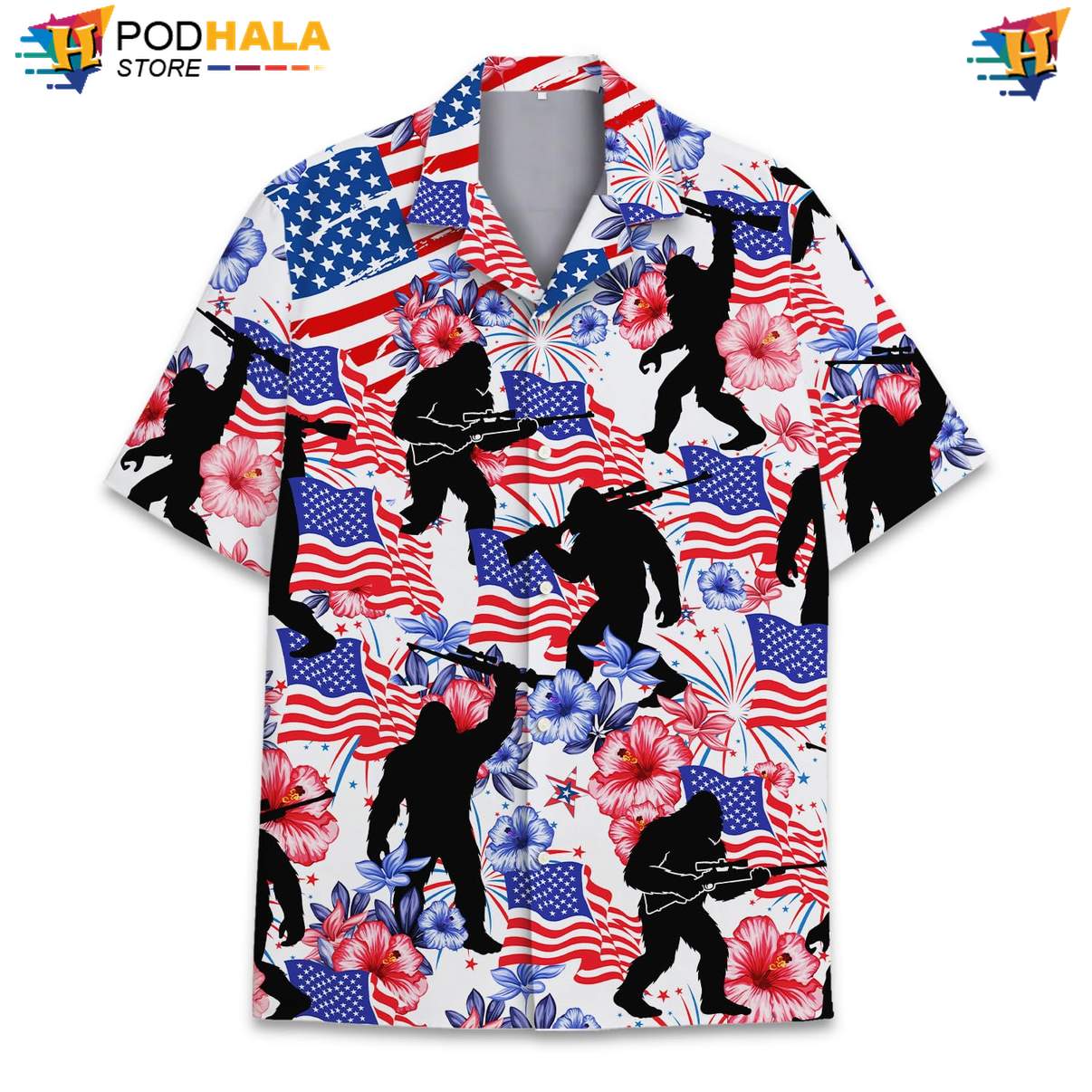 White USA Flag Bigfoot Short-sleeve button-up shirt Mens Patriotic Fourth Of July Top White USA Flag Bigfoot Short-sleeve button-up shirt Mens Patriotic Fourth Of July Top