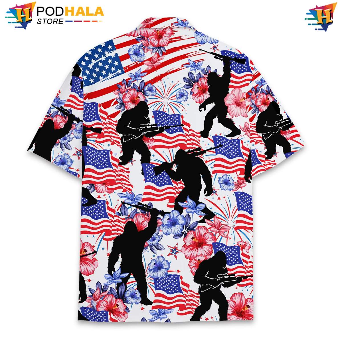 White USA Flag Bigfoot Aloha Shirt Mens Patriotic Fourth Of July Top White USA Flag Bigfoot Aloha Shirt Mens Patriotic Fourth Of July Top