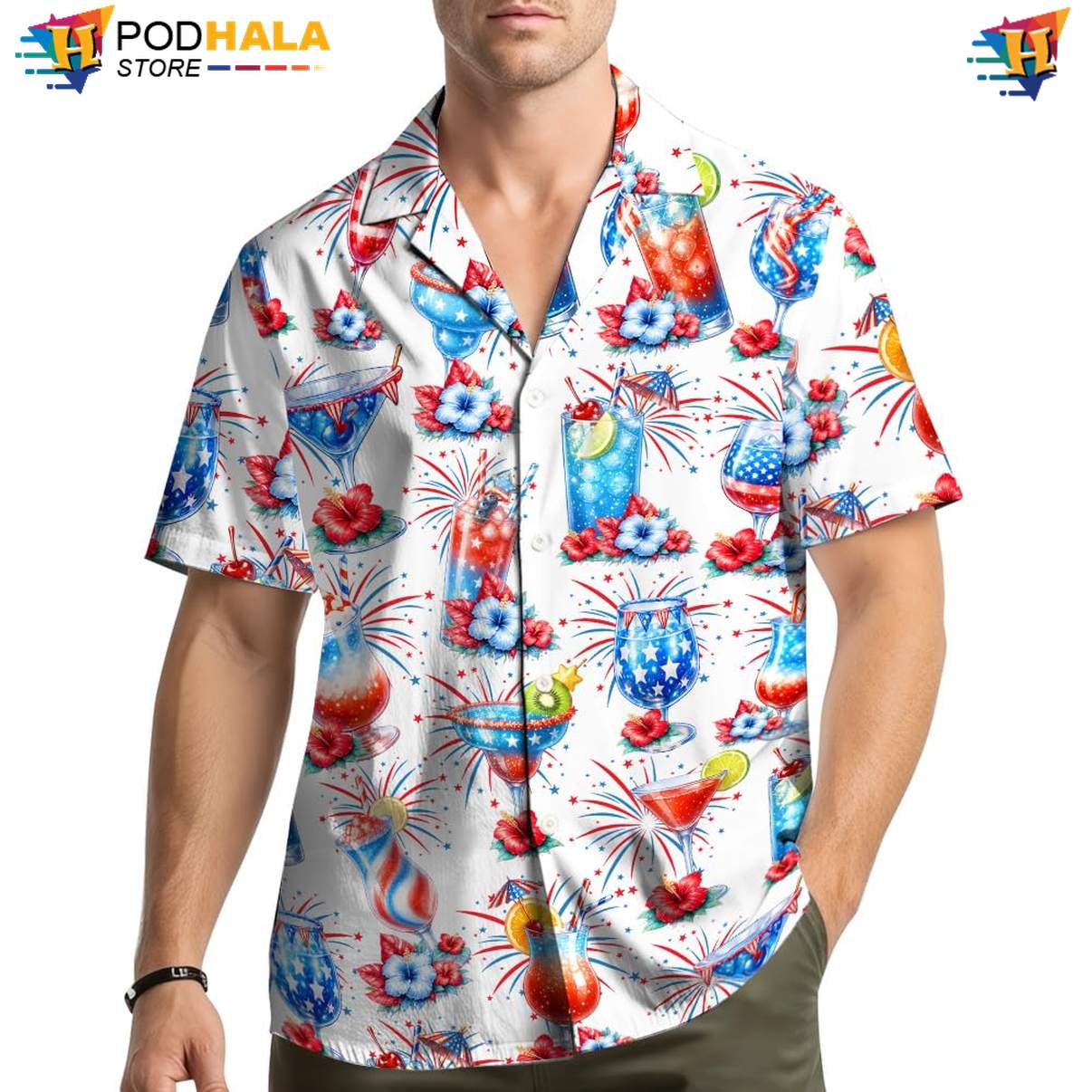 White USA Flag Cocktail Aloha Shirt Mens Patriotic Fourth Of July Outfit
