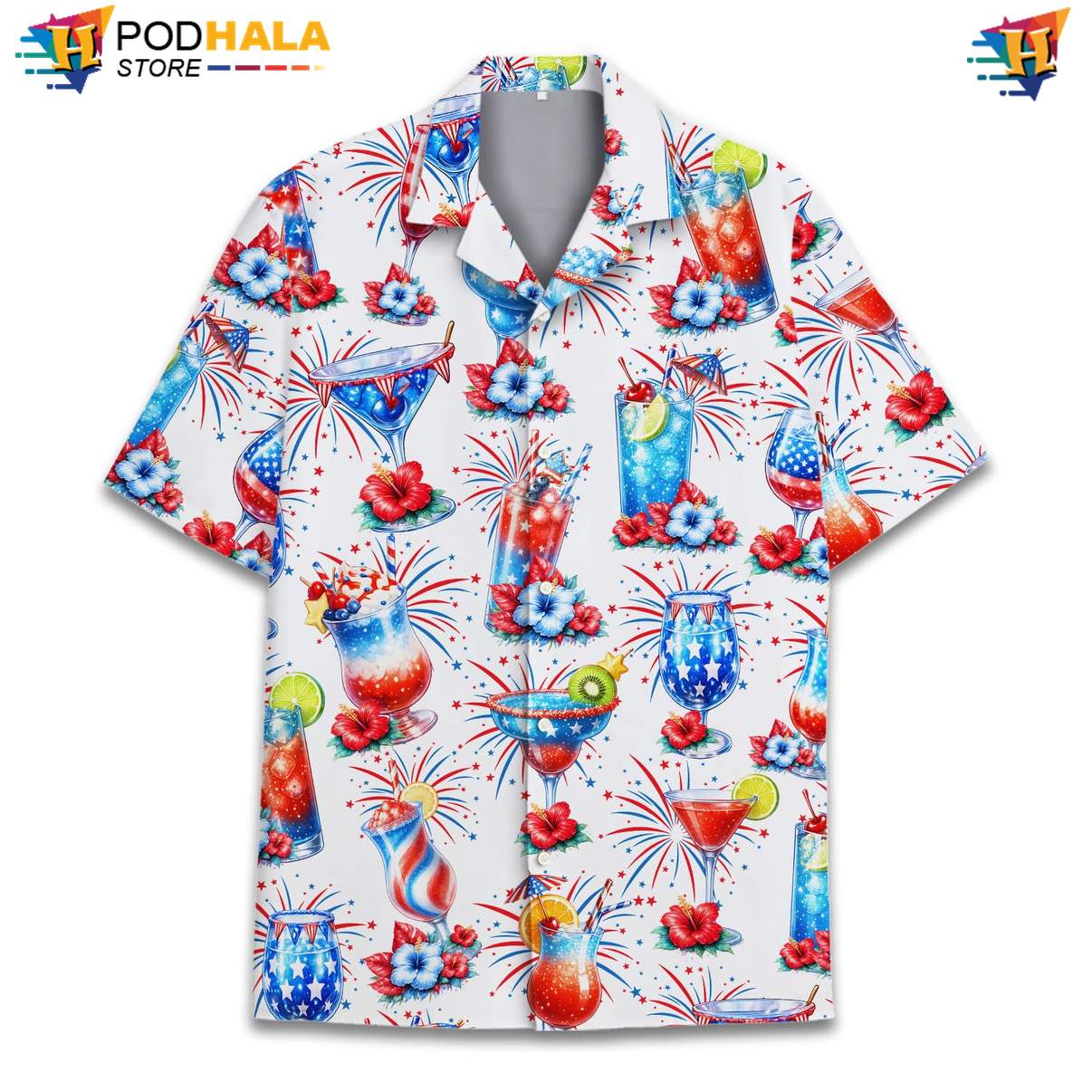 White USA Flag Cocktail Short-sleeve button-up shirt Mens Patriotic Fourth Of July Outfit White USA Flag Cocktail Short-sleeve button-up shirt Mens Patriotic Fourth Of July Outfit
