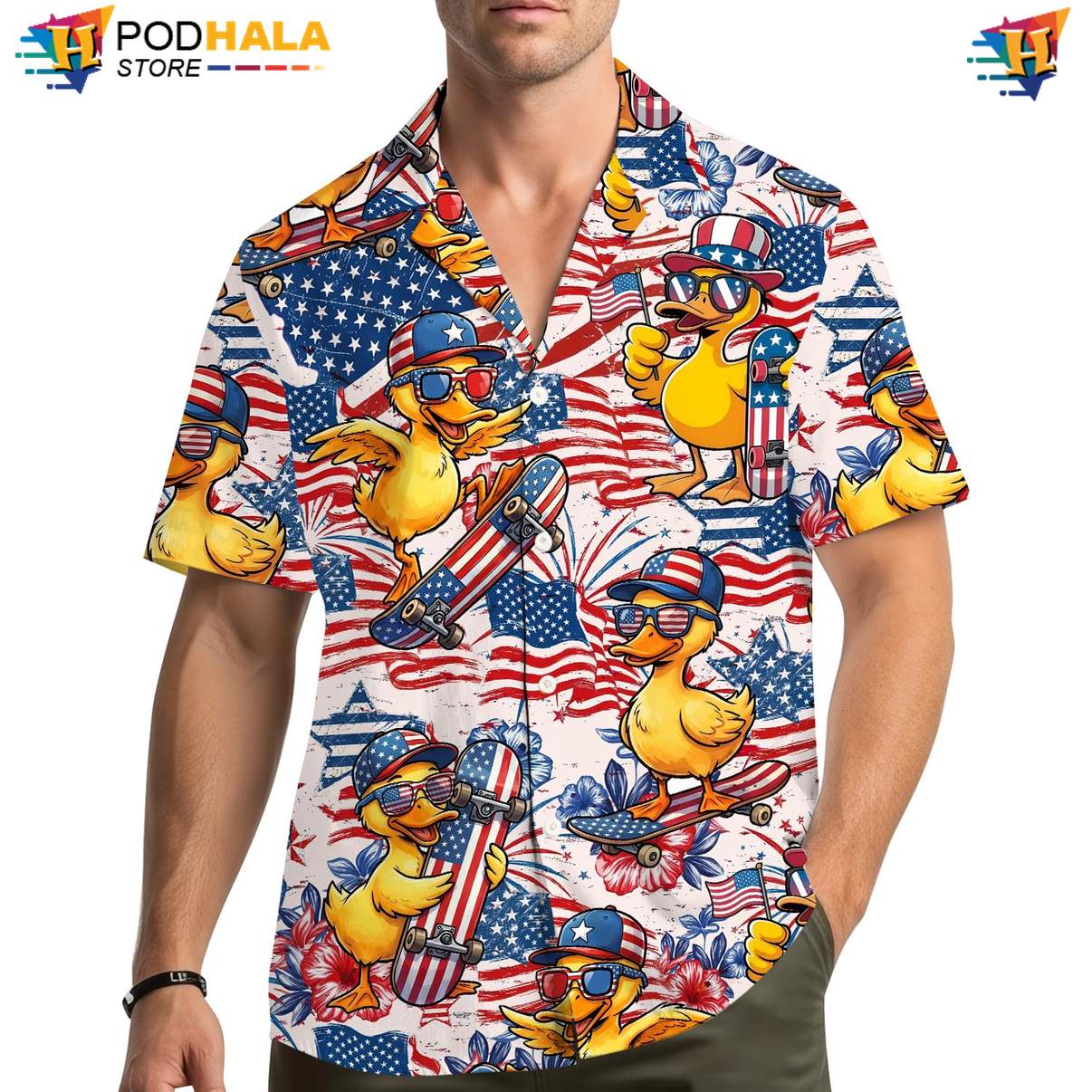 White USA Flag Duck Hawaiian Shirt Mens Patriotic Fourth Of July Clothing