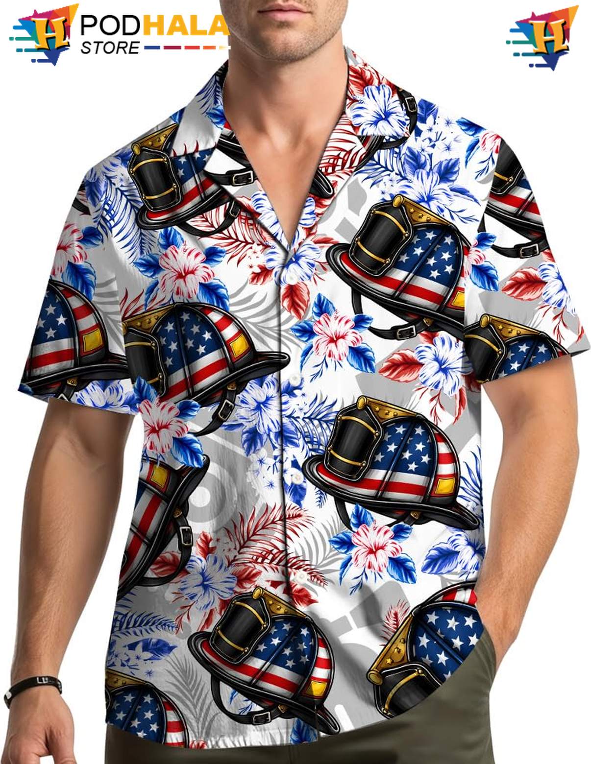 White USA Flag Firefighter Aloha Shirt Mens Patriotic Fourth Of July Top