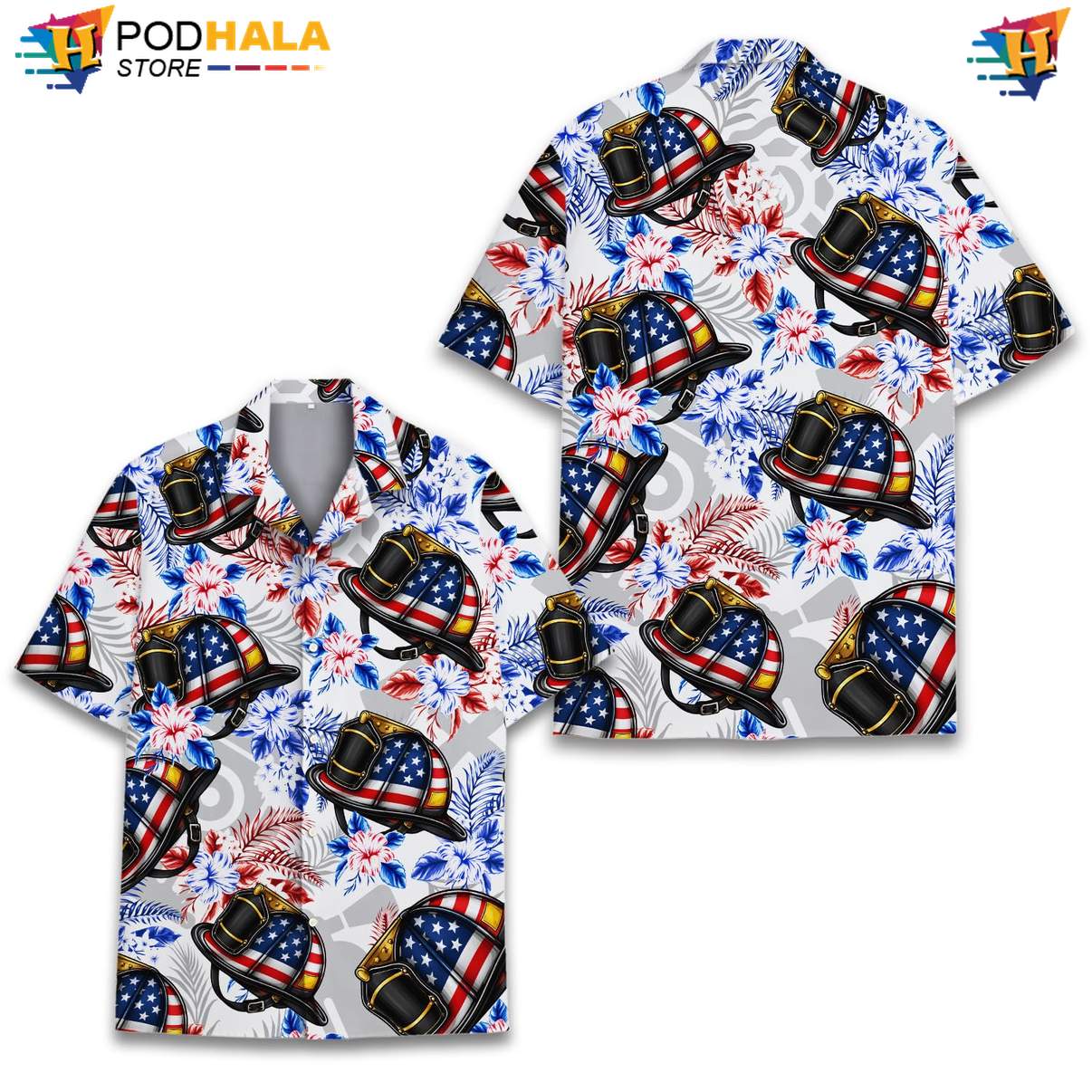 White USA Flag Firefighter Tropical Shirt Mens Patriotic Fourth Of July Top White USA Flag Firefighter Tropical Shirt Mens Patriotic Fourth Of July Top