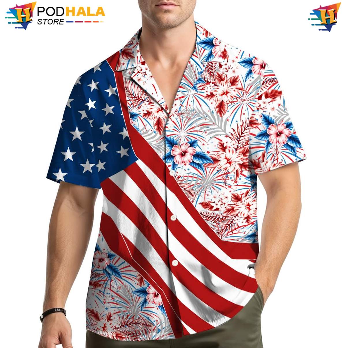 White USA Flag Floral Aloha Shirt Mens Patriotic Fourth Of July Beachwear