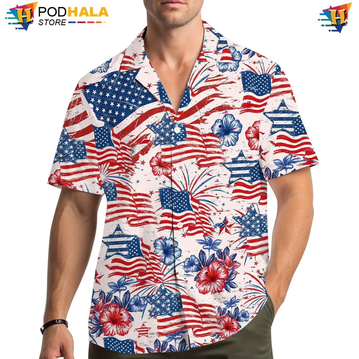 White USA Flag Floral Hawaiian Shirt Mens Patriotic Fourth Of July Wear