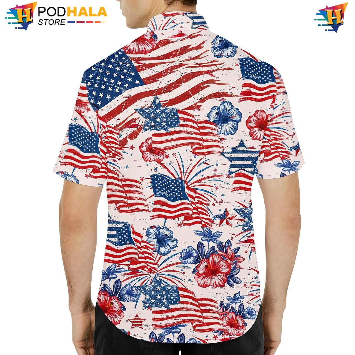 White USA Flag Floral Aloha Shirt Mens Patriotic Fourth Of July Wear White USA Flag Floral Aloha Shirt Mens Patriotic Fourth Of July Wear