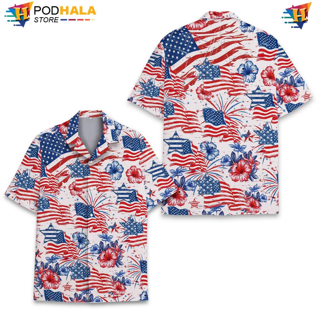 White USA Flag Floral Tropical Shirt Mens Patriotic Fourth Of July Wear White USA Flag Floral Tropical Shirt Mens Patriotic Fourth Of July Wear