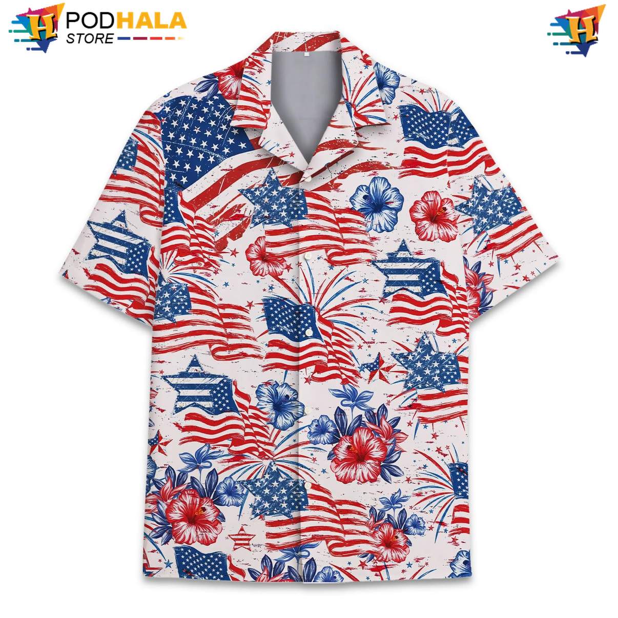 White USA Flag Floral Short-sleeve button-up shirt Mens Patriotic Fourth Of July Wear White USA Flag Floral Short-sleeve button-up shirt Mens Patriotic Fourth Of July Wear