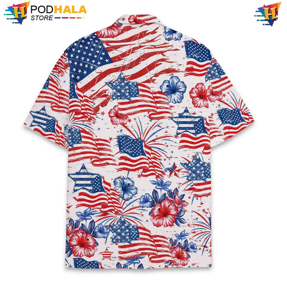 White USA Flag Floral Aloha Shirt Mens Patriotic Fourth Of July Wear White USA Flag Floral Aloha Shirt Mens Patriotic Fourth Of July Wear