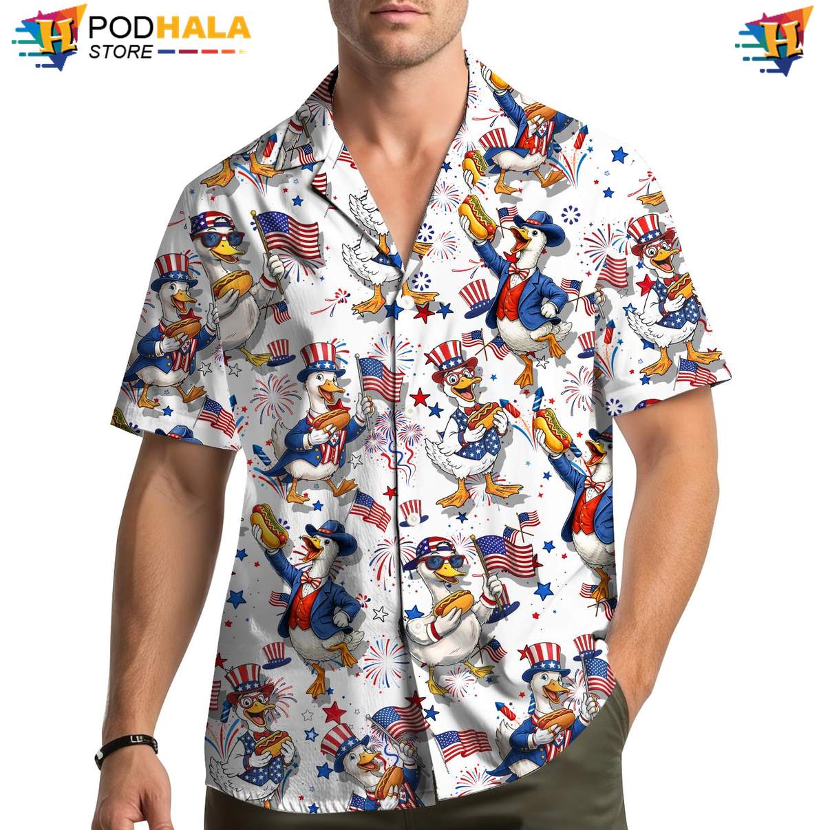 White USA Flag Goose Hawaiian Shirt Mens Patriotic Fourth Of July Apparel