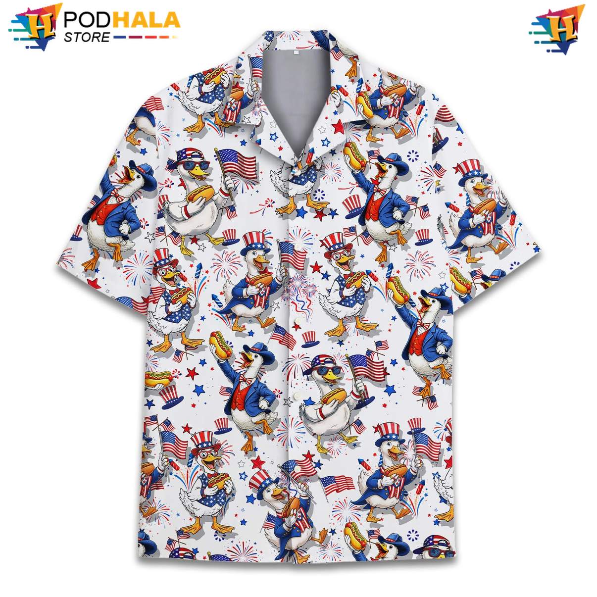 White USA Flag Goose Aloha Shirt Mens Patriotic Fourth Of July Apparel White USA Flag Goose Aloha Shirt Mens Patriotic Fourth Of July Apparel