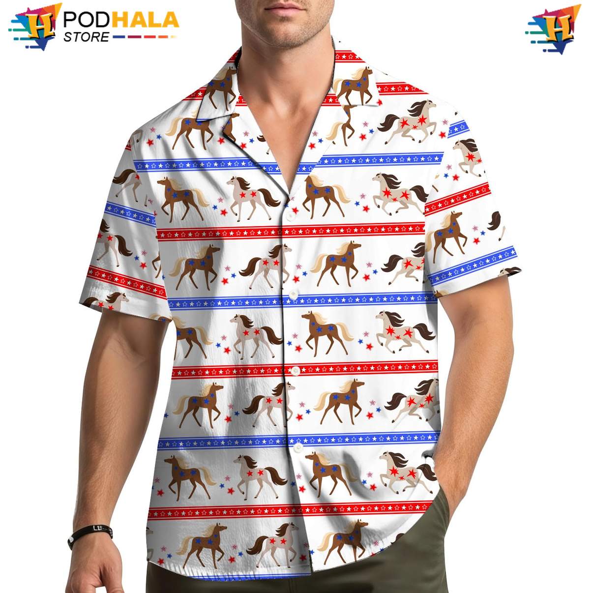 White USA Flag Horse Aloha Shirt Mens Patriotic Fourth Of July Beach Top