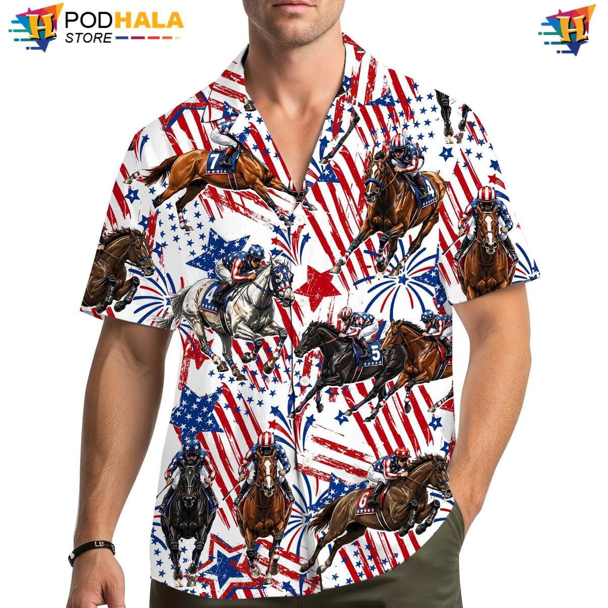 White USA Flag Horse Hawaiian Shirt Mens Patriotic Fourth Of July Apparel