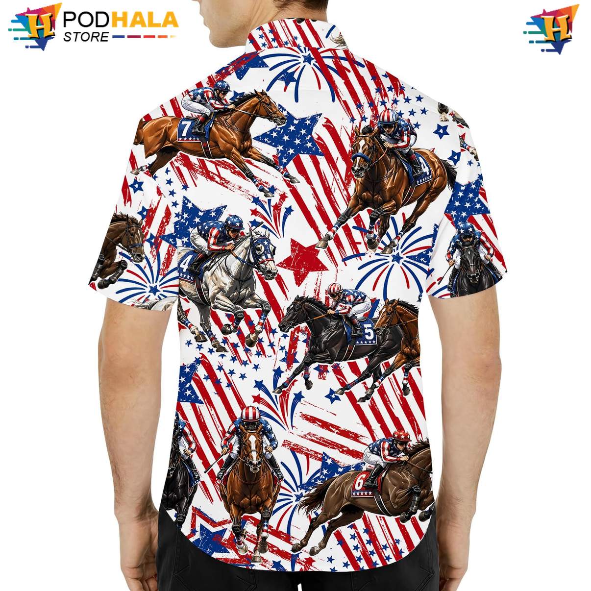 White USA Flag Horse Aloha Shirt Mens Patriotic Fourth Of July Apparel White USA Flag Horse Aloha Shirt Mens Patriotic Fourth Of July Apparel