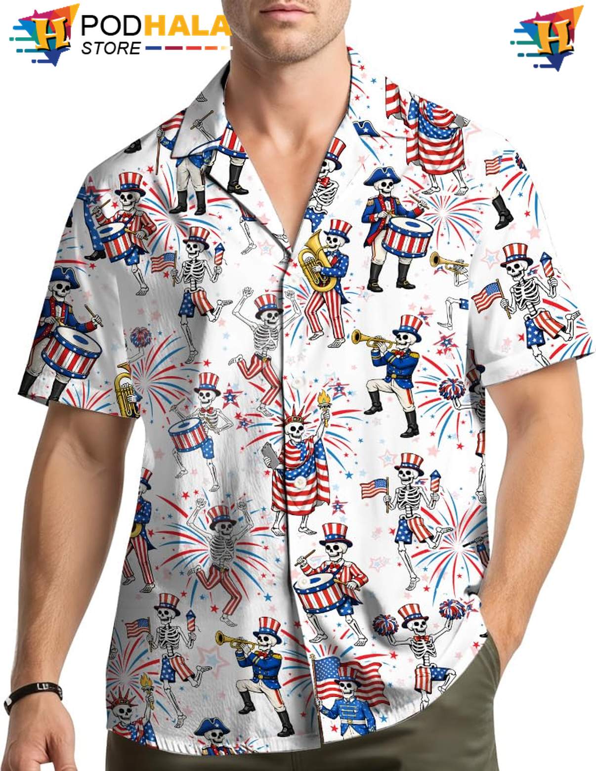 White USA Flag Skeleton Aloha Shirt Mens Patriotic Fourth Of July Outfit