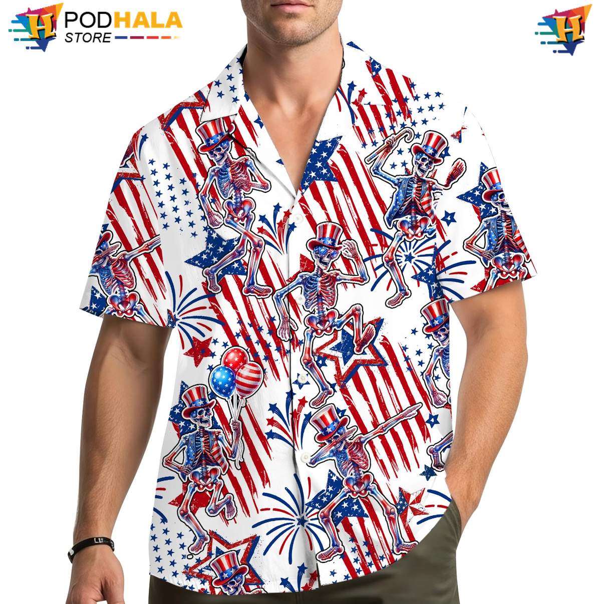 White USA Flag Skull Hawaiian Shirt Mens Patriotic Fourth Of July Outfit