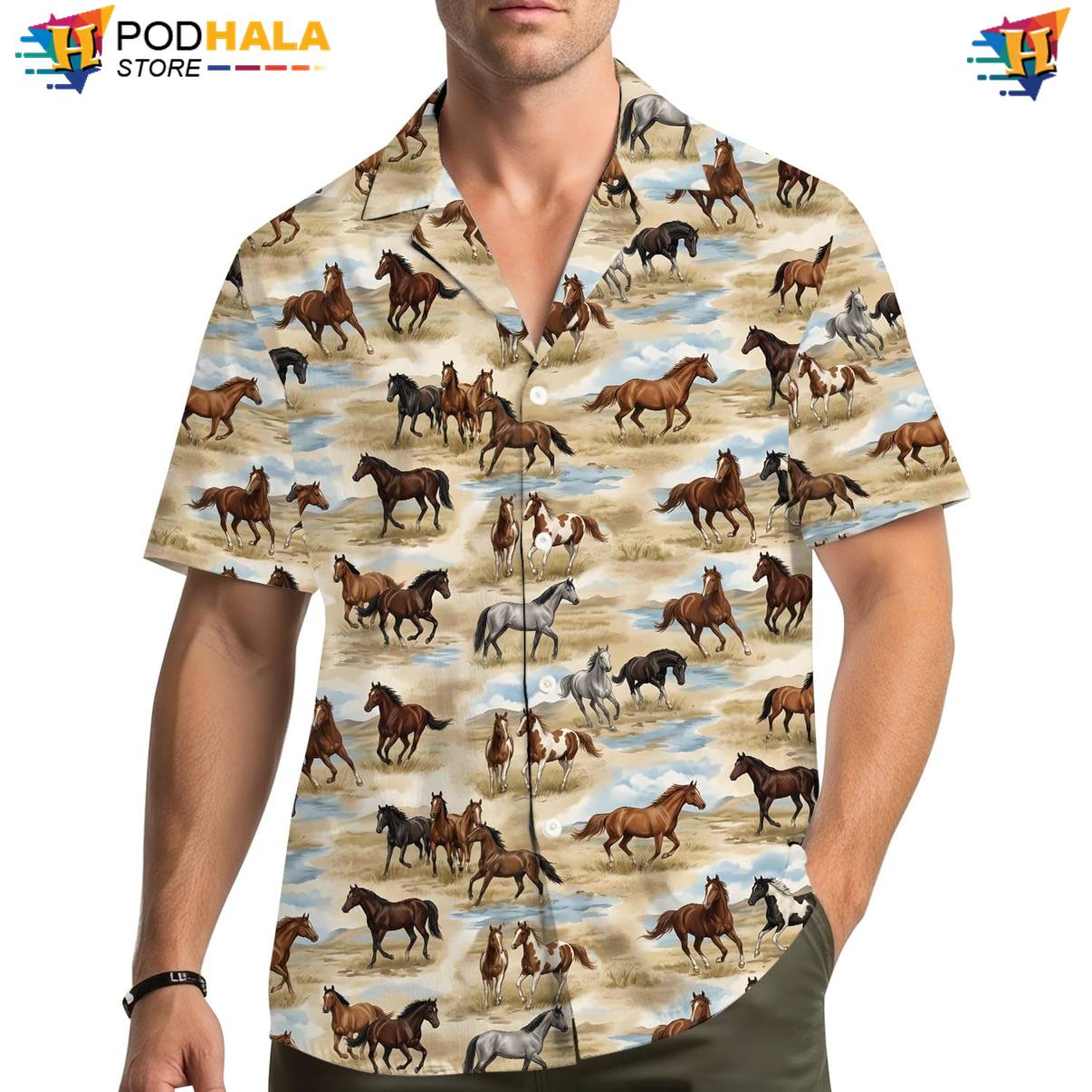 Wild Horse Fire Hawaiian Shirt Mens Island Vibe Vacation Cruise Button Down