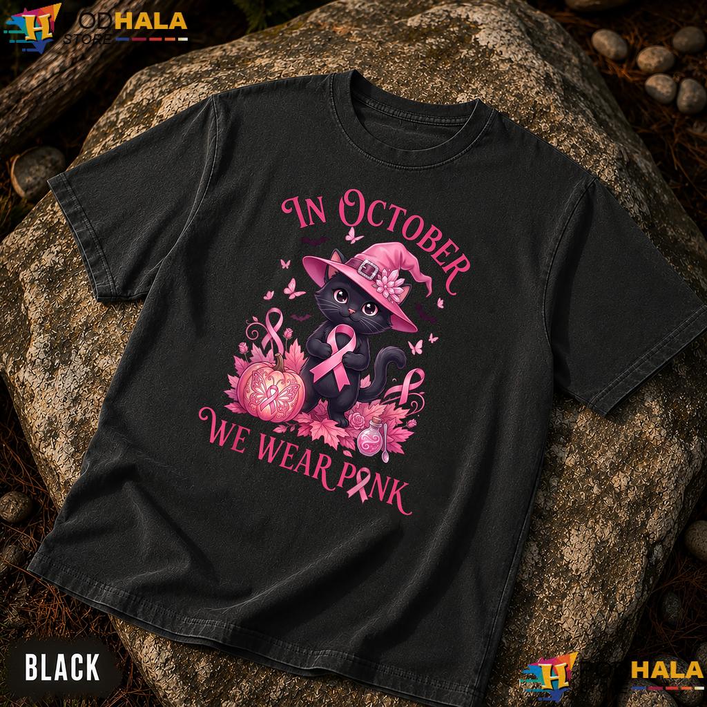 Witch Black Cat Pink Ribbon Comfort Colors Shirt Breast Cancer Halloween