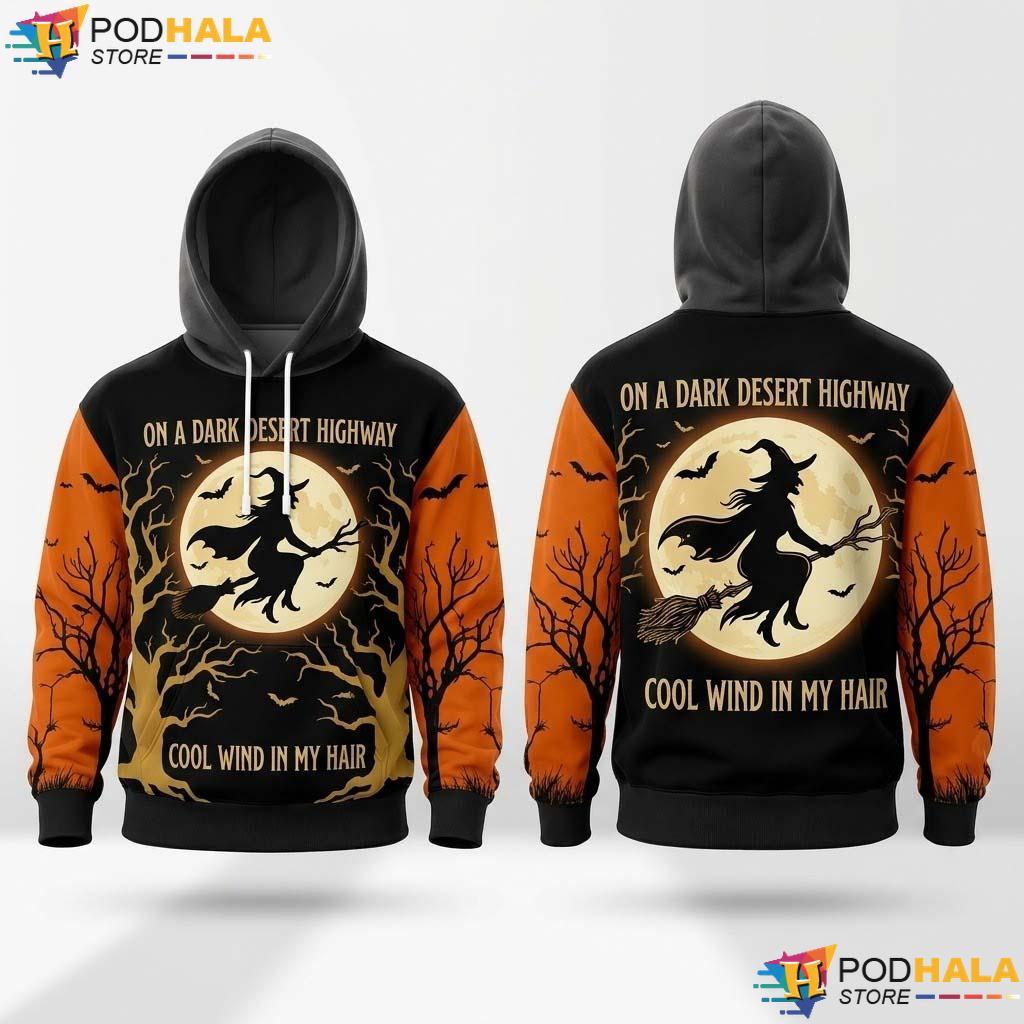 Witch Desert Highway 3D Hoodie Spooky Moon Graphic Halloween Apparel