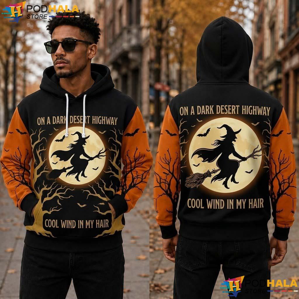 Witch Desert Highway All Over Print Hoodie Spooky Moon Graphic Halloween Apparel Witch Desert Highway All Over Print Hoodie Spooky Moon Graphic Halloween Apparel