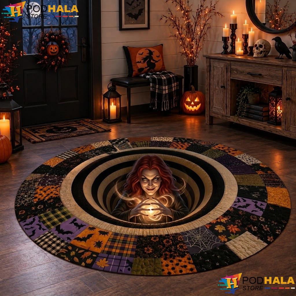 Witch Optical Illusion Halloween Round Area Rug 3D Spooky Haunted House