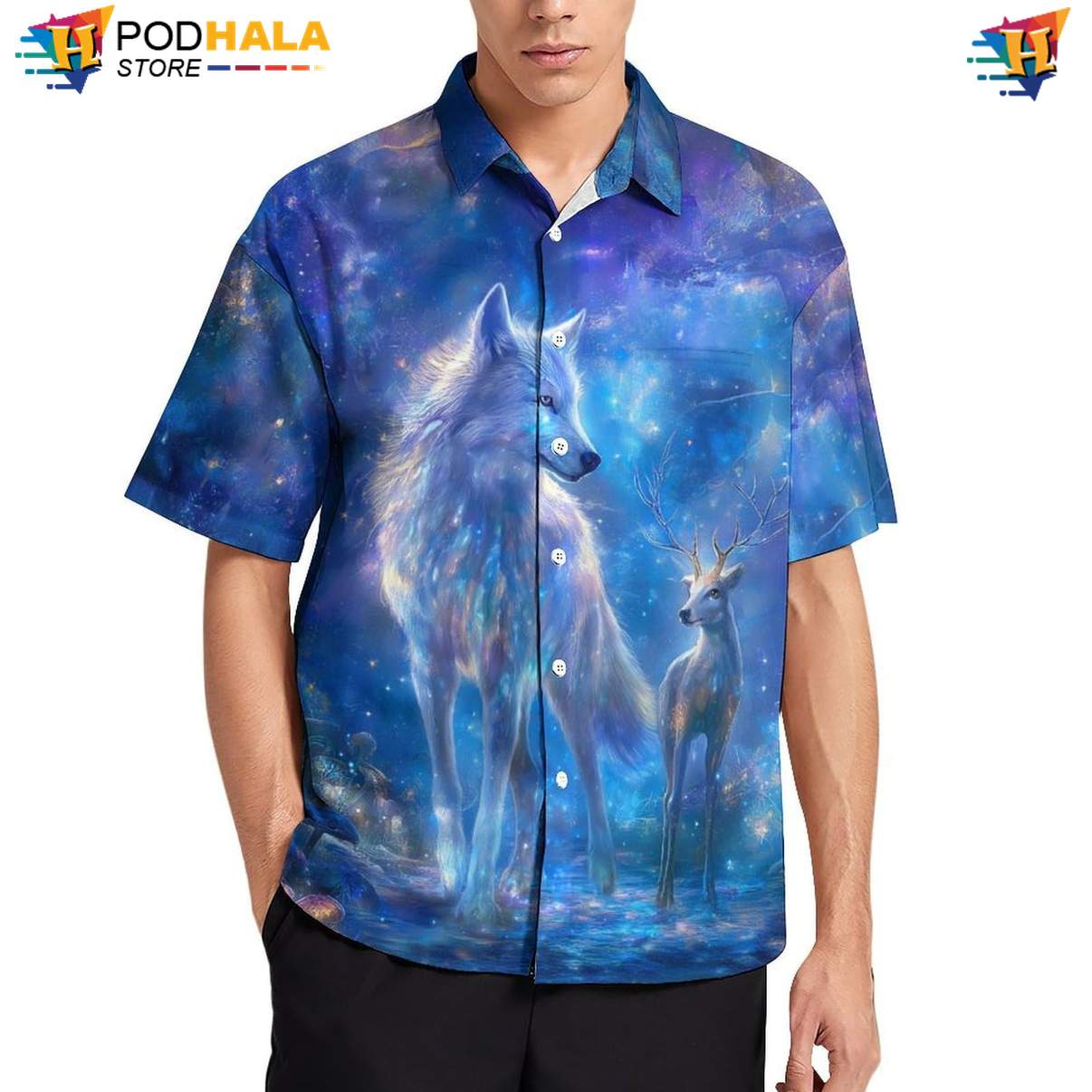 Wolf Deer Hawaiian Shirt Mens Cool Print Casual Graphic Vacation Camp Outfit