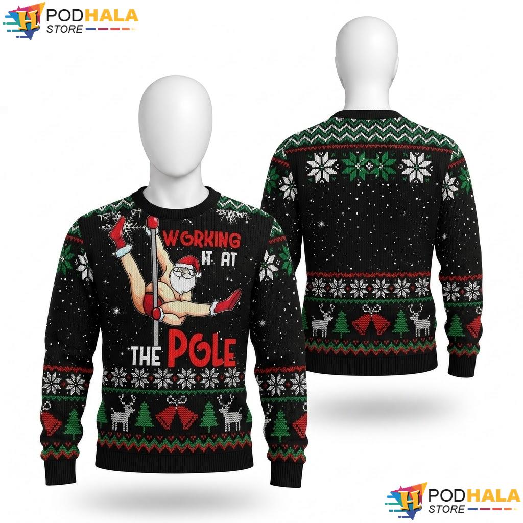 Working At The Pole Ugly Xmas Sweater Funny Santa Holiday Mens Top