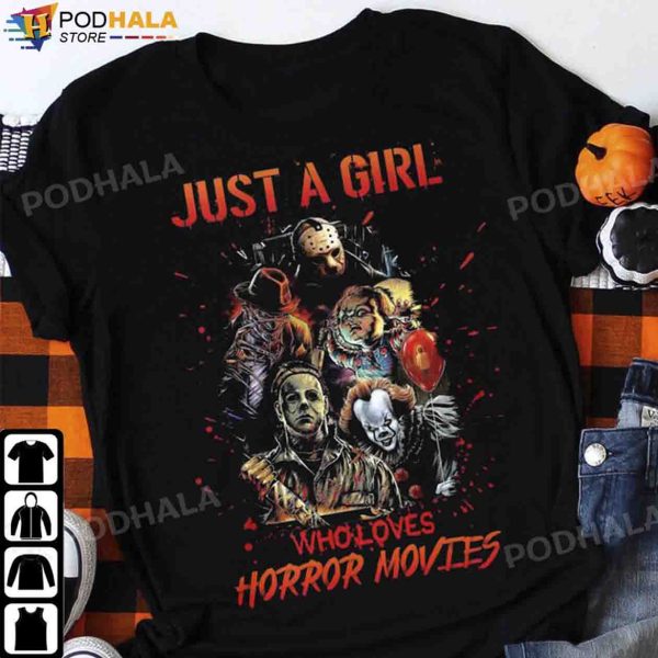 Just A Girl Who Loves Horror Movies Shirt Halloween Gifts For Women