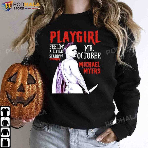 Playgirl Funny Mr October Michael Myers Costume Halloween Gifts T-Shirt For Women