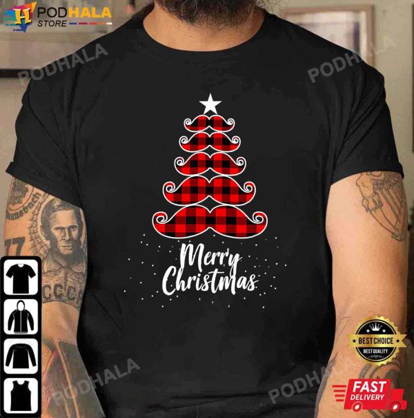 Best Christmas Gifts For Dad, Buffalo Plaid Christmas Moustache Tree T-Shirt