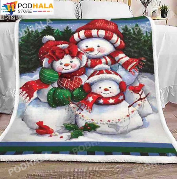 Family Snowman In The Pine Forest Christmas Blanket