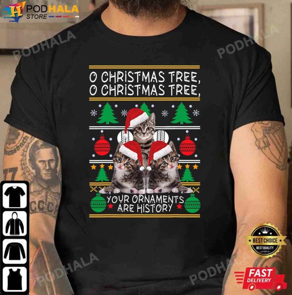 Funny Christmas T-Shirt, Cats Ornaments Christmas Tree Xmas Gifts