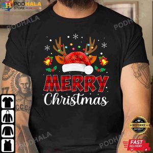 Funny Christmas T-Shirt, Merry Christmas Reindeer Plaid Red Xmas Gifts