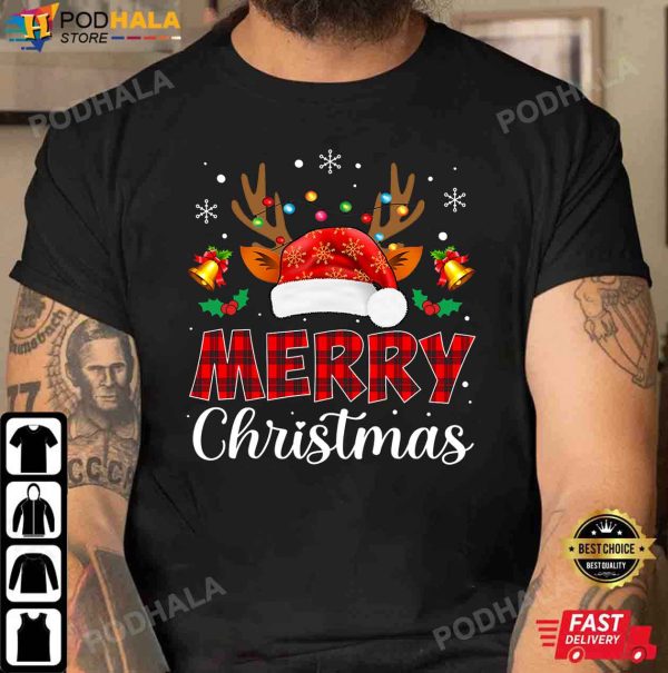 Funny Christmas T-Shirt, Merry Christmas Reindeer Plaid Red Xmas Gifts