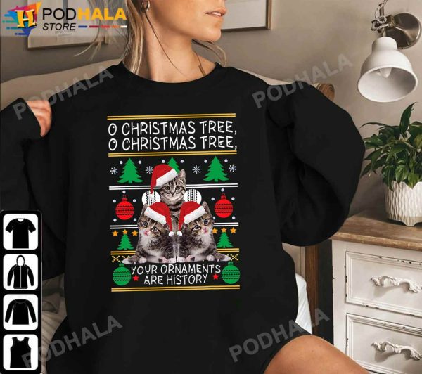 Funny Christmas T-Shirt, Cats Ornaments Christmas Tree Xmas Gifts