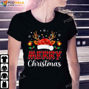 Funny Christmas TShirt Merry Christmas Reindeer Plaid Red Xmas Gifts